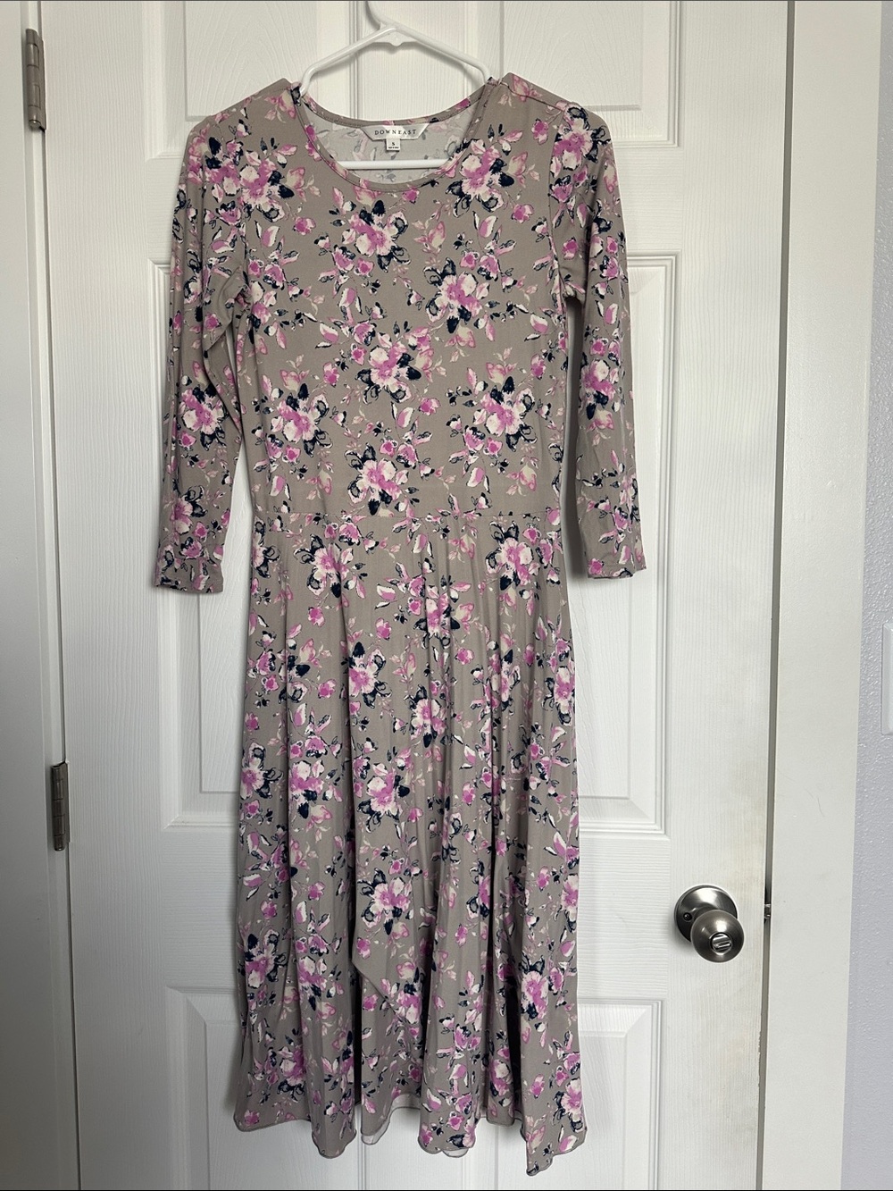 DownEast Taupe Floral Midi Dress - Pink and Grey Floral Print